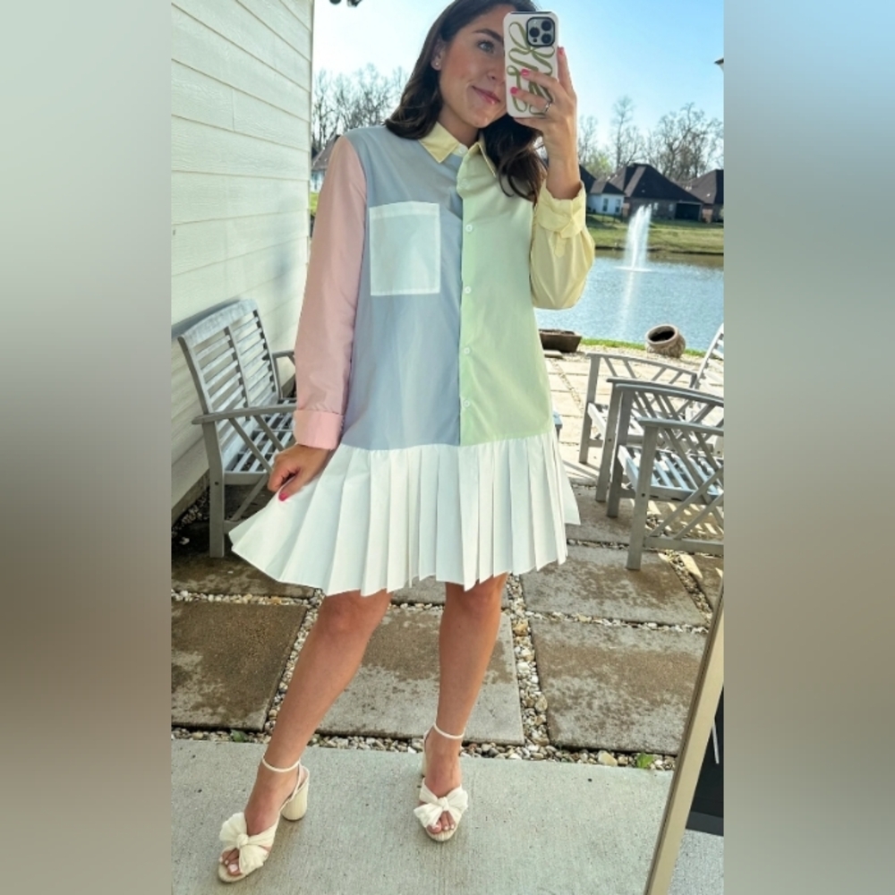 SHEIN Pastel Colorblock Pleated Button-Down Dress
